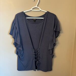 Express Dusty Slate Blue Lace-Up Front Ruffle Sleeve Tee